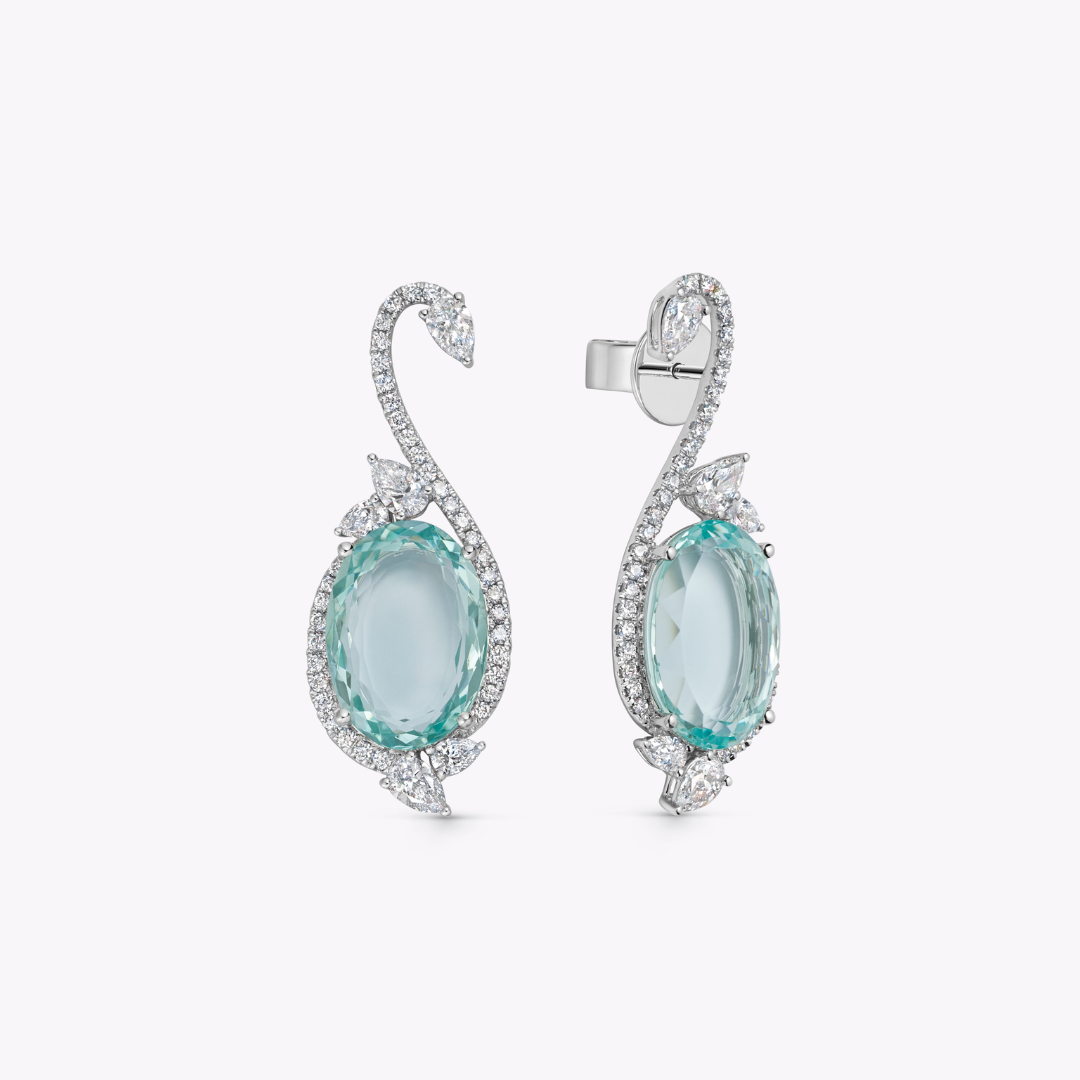 Wings Over Water Oval Green Beryl and Diamond Swan Earrings
