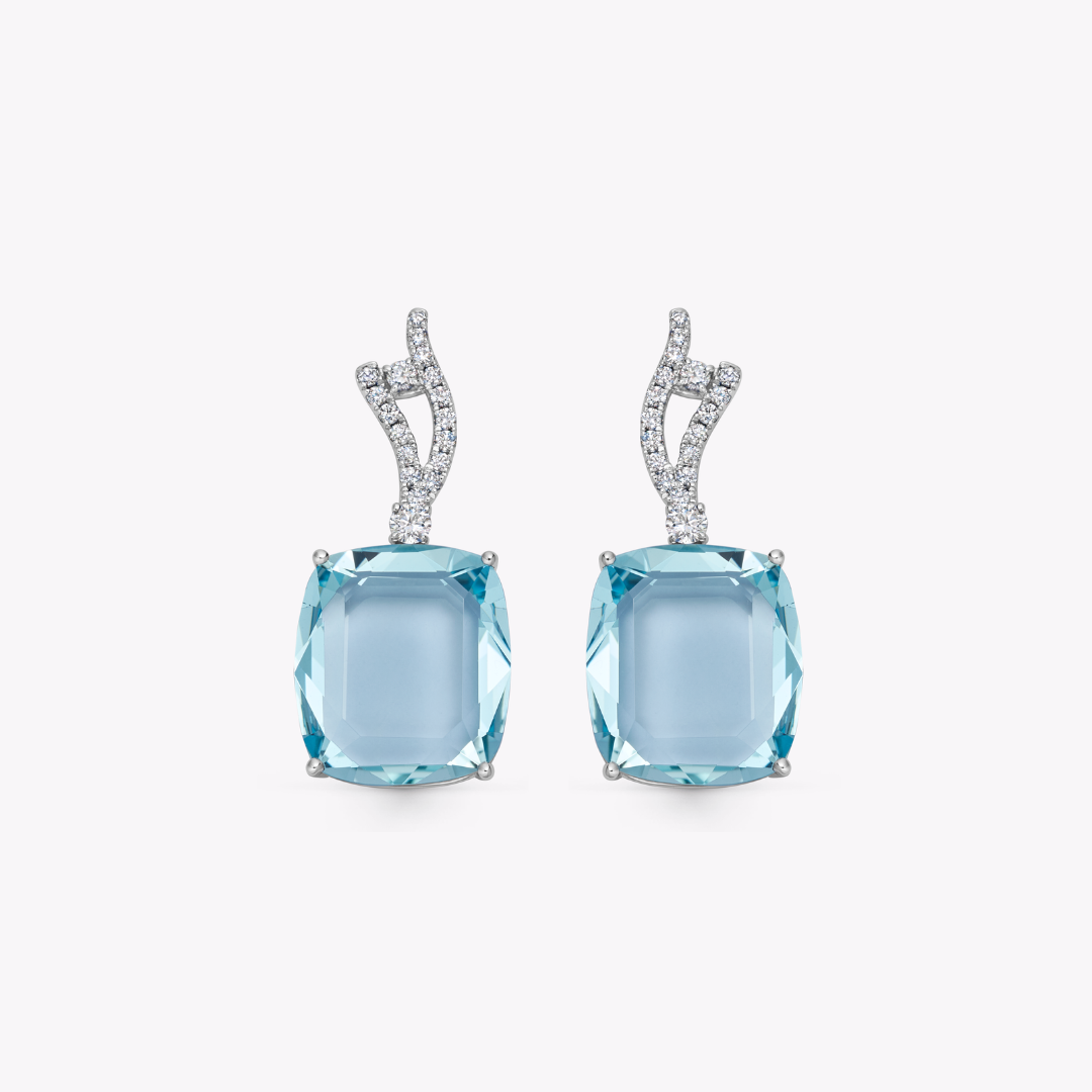 Wings Over Water Portrait Cushion Aquamarine and Diamond Wave Detail Earrings