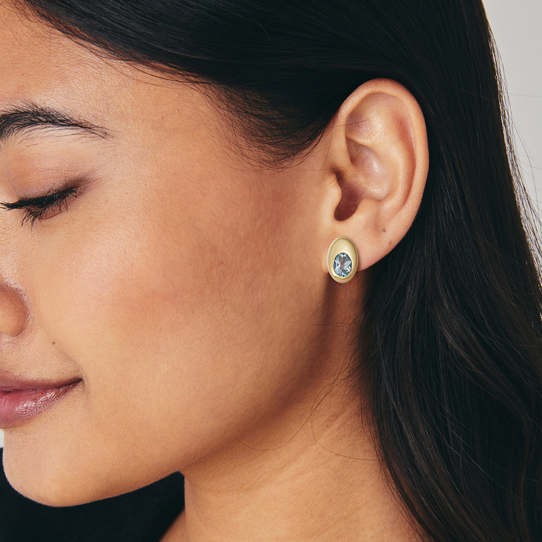 Everyday Gold Blue Topaz Domed Oval Earrings
