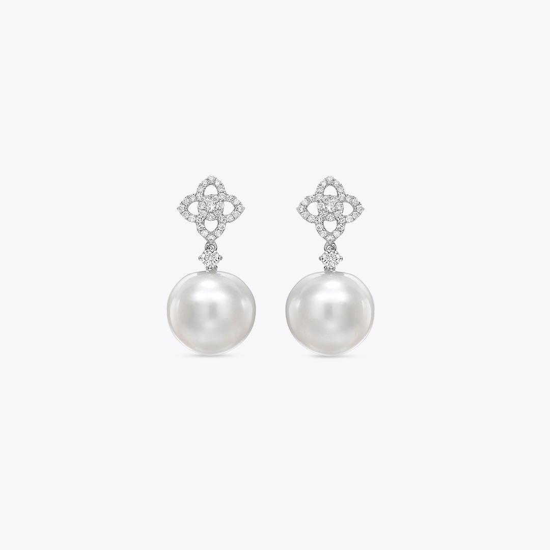 Pearl and Diamond Flower Drop Earrings