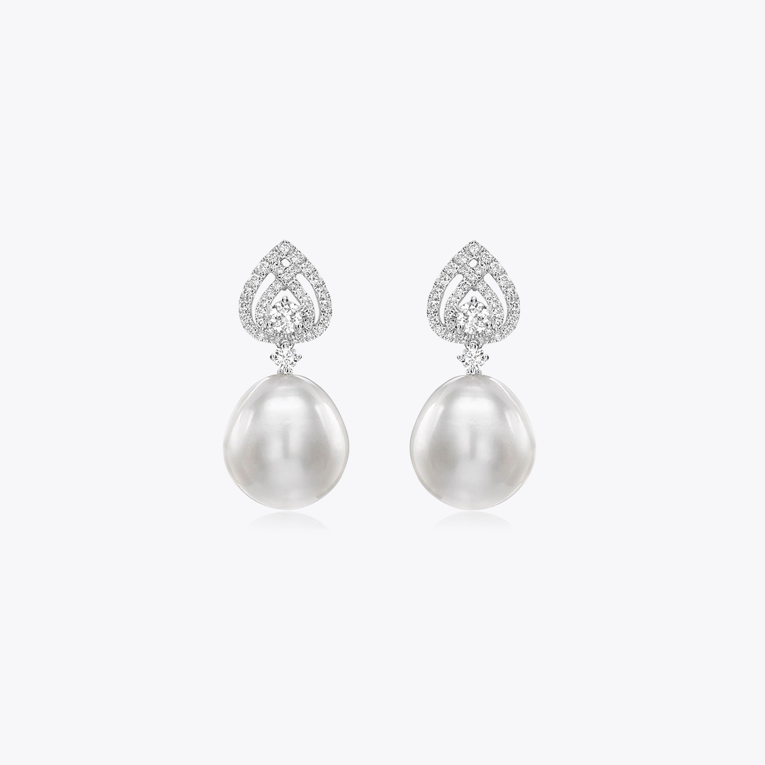 Lotus Pearl Diamond Drop Earrings