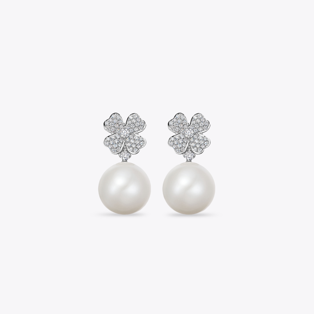 Pearl Round and Diamond Clover Earrings
