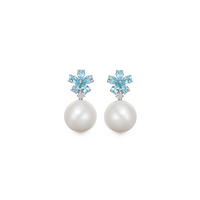 Pearl Blue Topaz Flower and Diamond Earrings