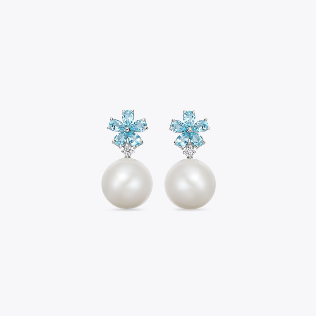 Pearl Round and Blue Topaz Flower Earrings
