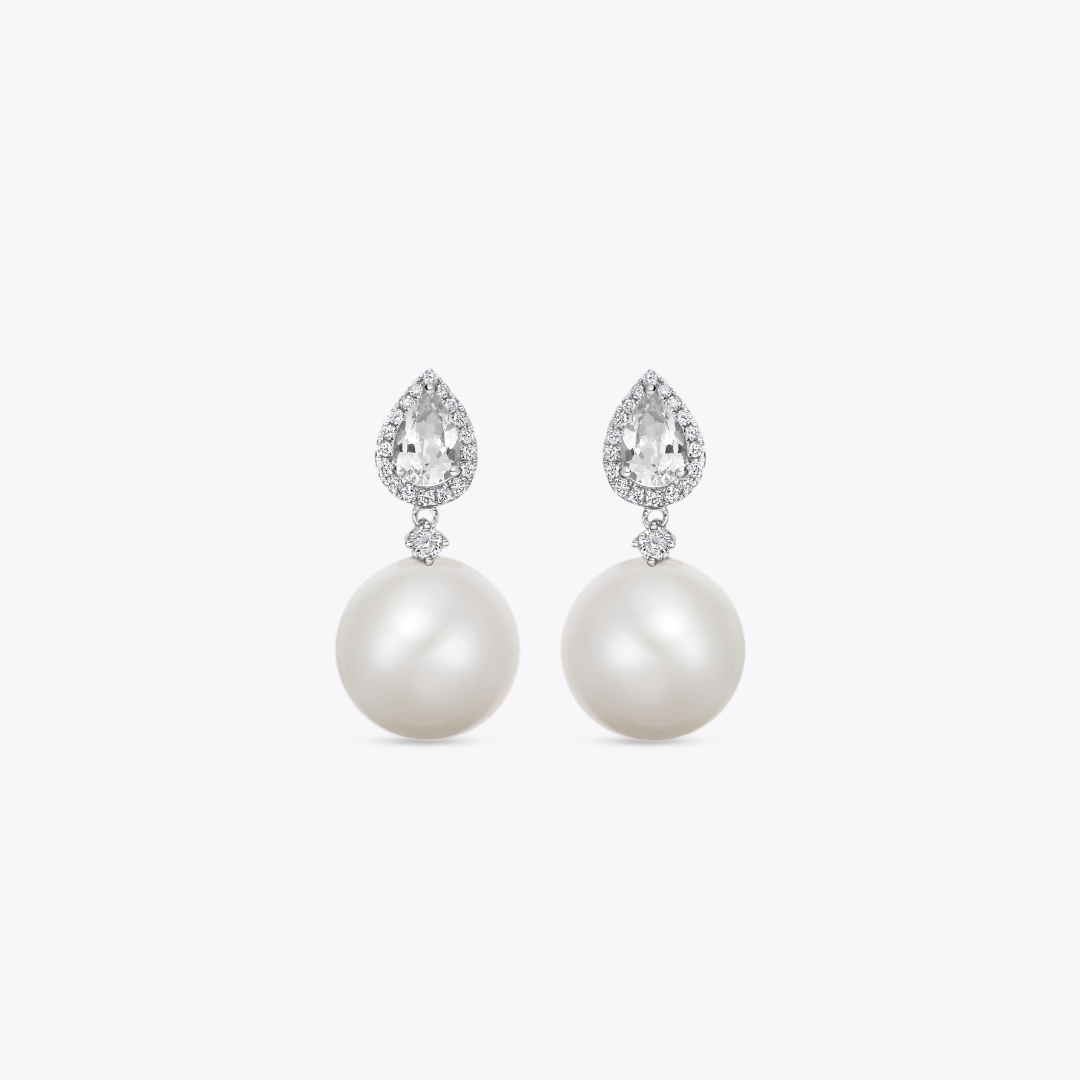 Pearl Round and White Topaz Pear Earrings