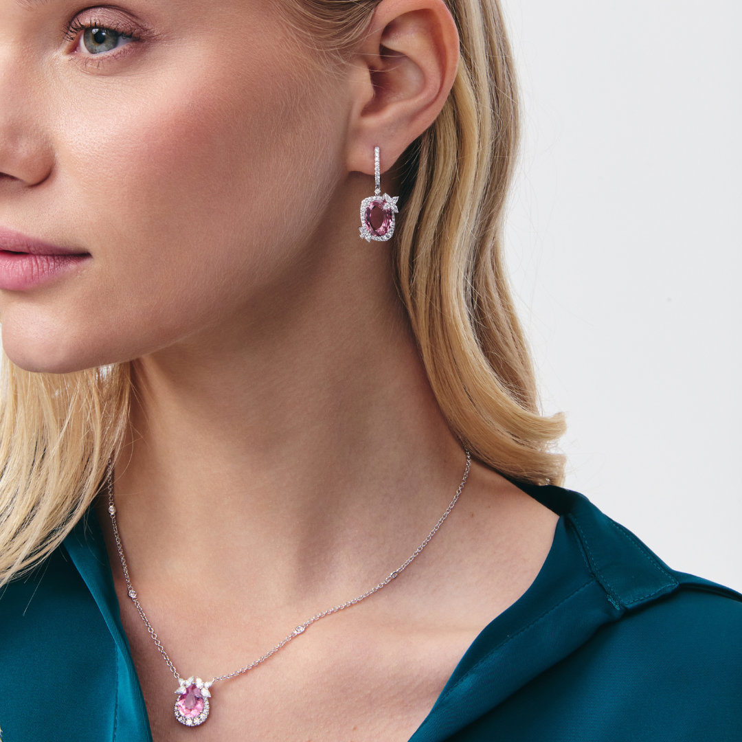 Thorns & Roses Oval Pink Tourmaline and Diamond Hoop Earrings