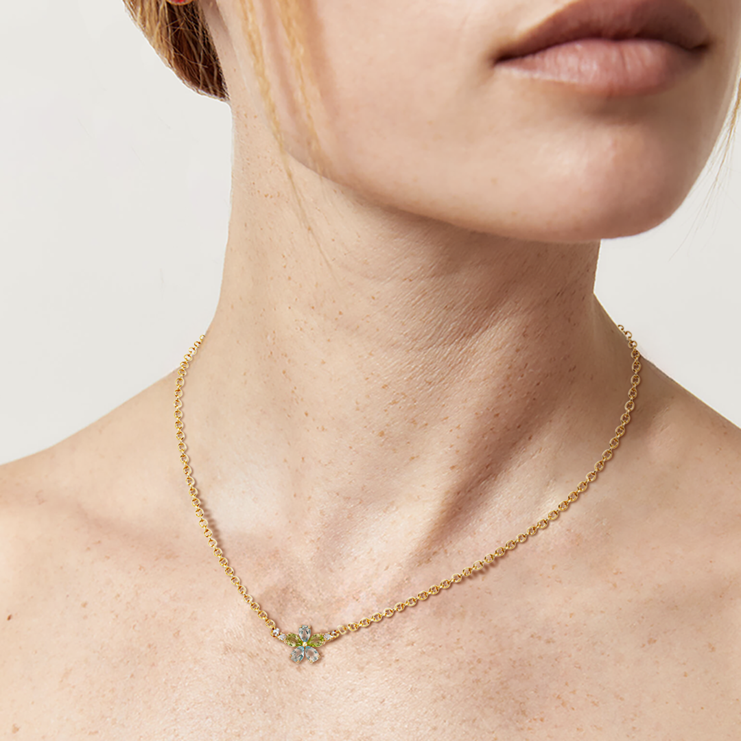 Petals Blue Topaz, Peridot and Diamond Necklace