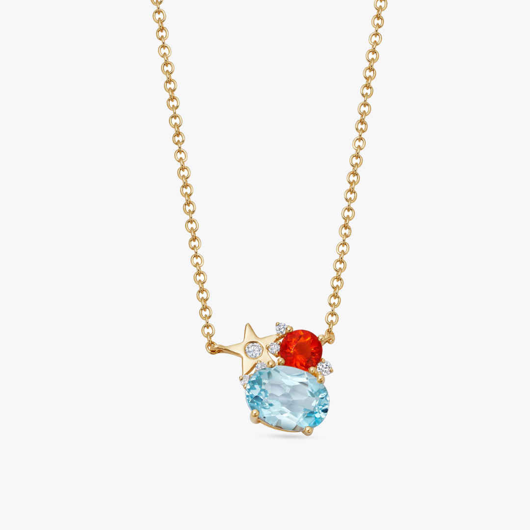 Fireworks Blue Topaz and Fire Opal Cluster Necklace