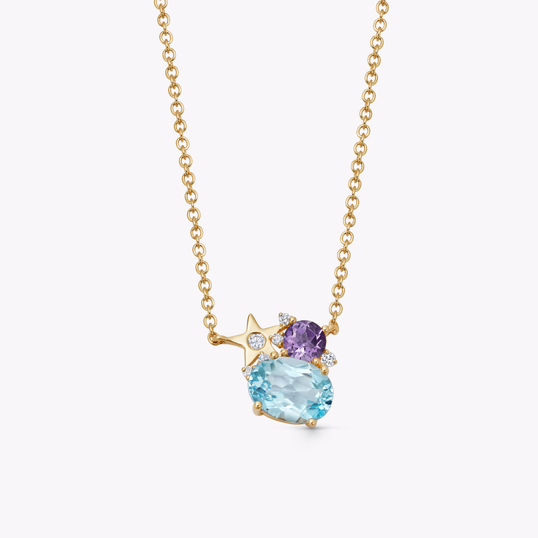 Fireworks Blue Topaz and Amethyst Cluster Necklace