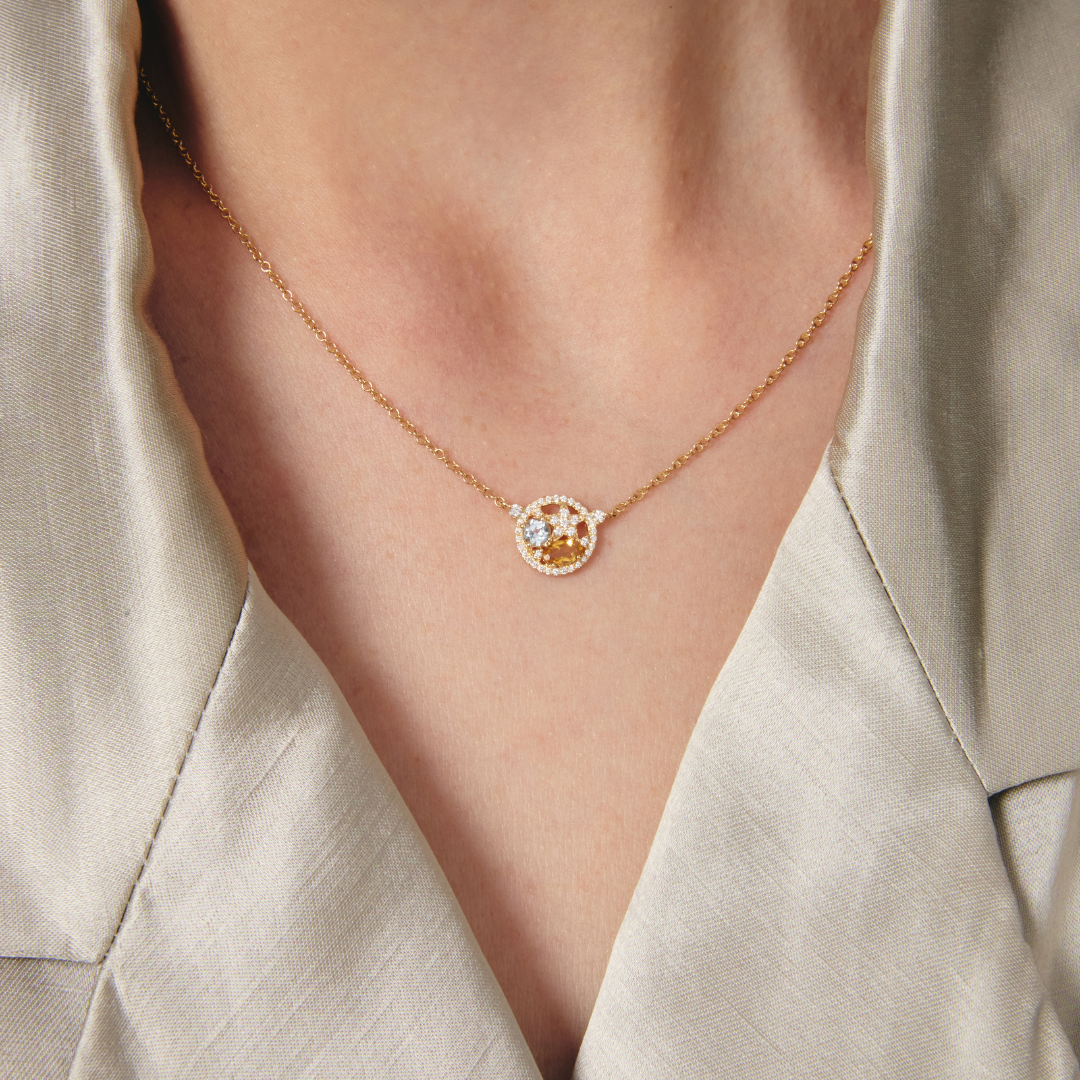 Fireworks Blue Topaz, Citrine and Diamond Surround Cluster Necklace
