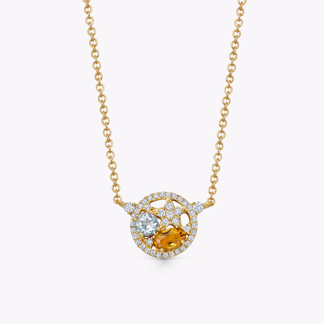 Fireworks Blue Topaz, Citrine and Diamond Surround Cluster Necklace