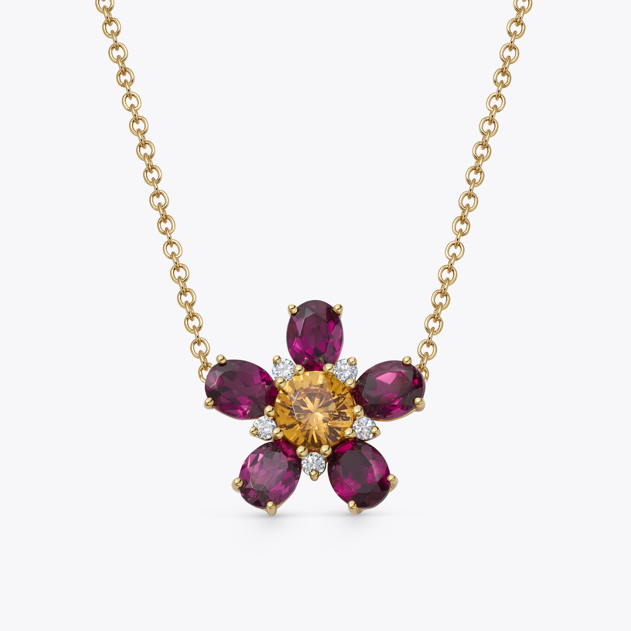 Petals Rhodolite Garnet, Mandarin Garnet and Diamond Necklace