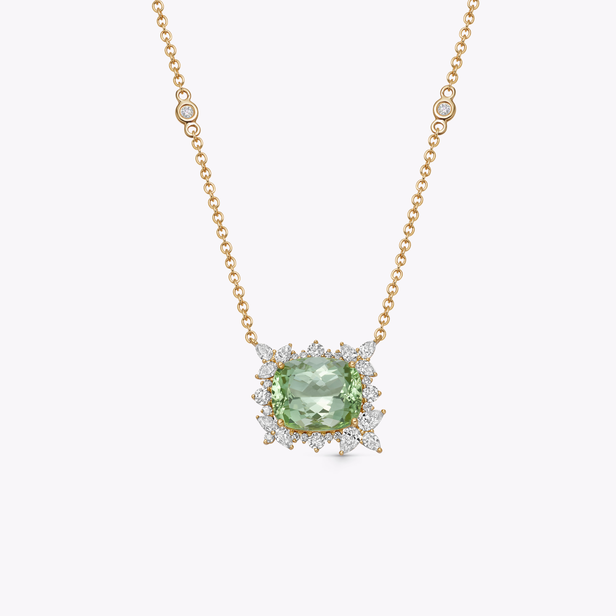 Thorns & Roses Cushion Light Green Tourmaline and Diamond Necklace