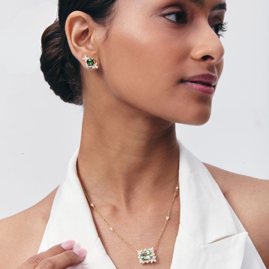 Thorns & Roses Cushion Light Green Tourmaline and Diamond Necklace