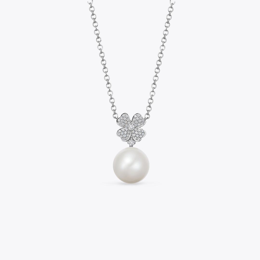 Pearl Round and Diamond Clover Necklace