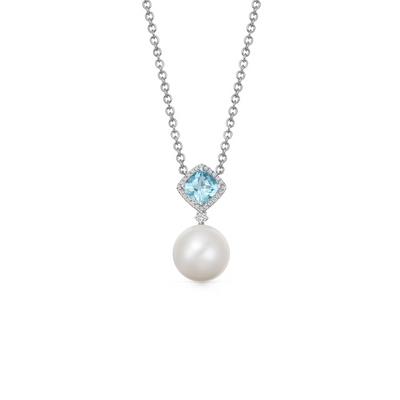 Pearl Cushion Blue Topaz and Diamond Necklace