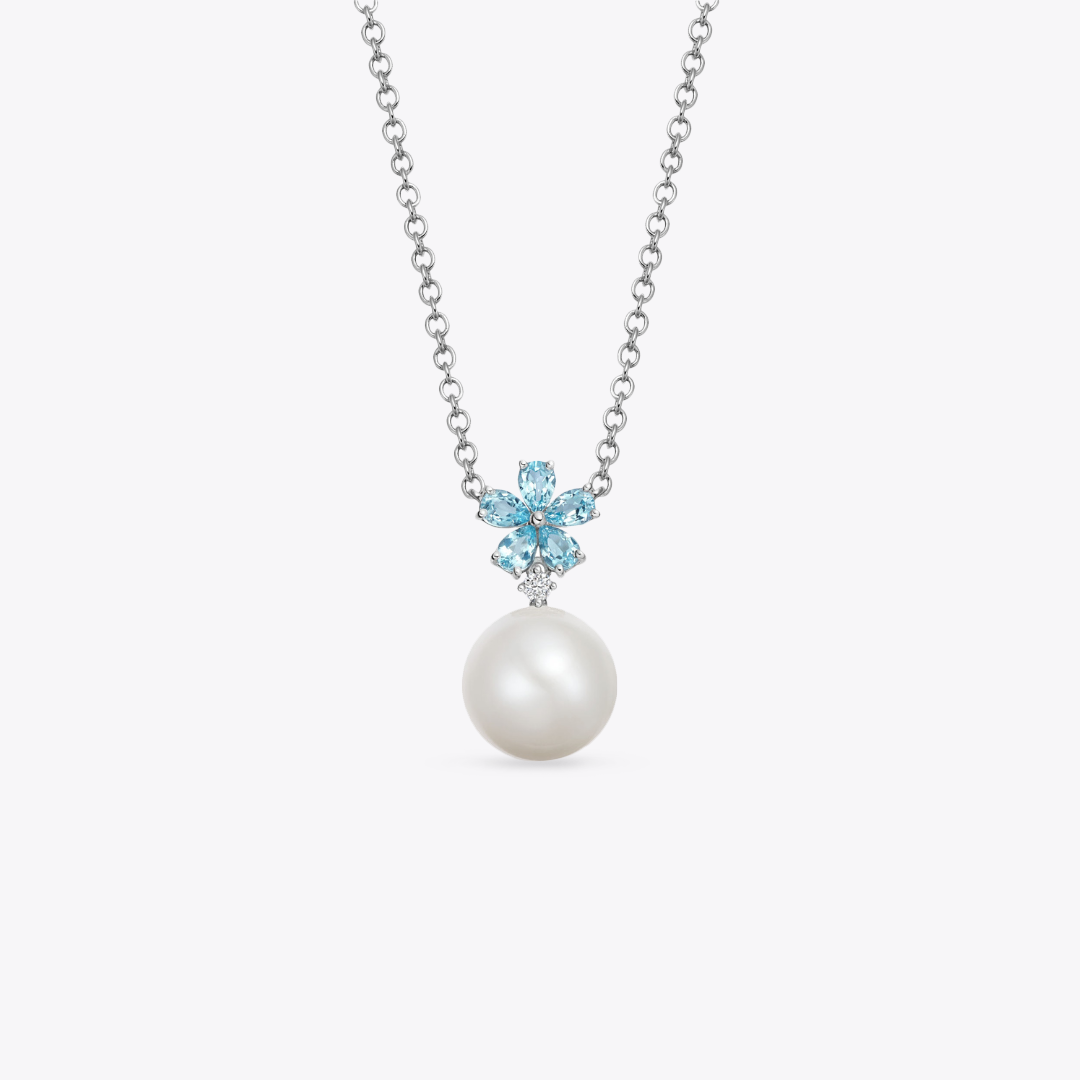 Pearl Round and Blue Topaz Flower Necklace