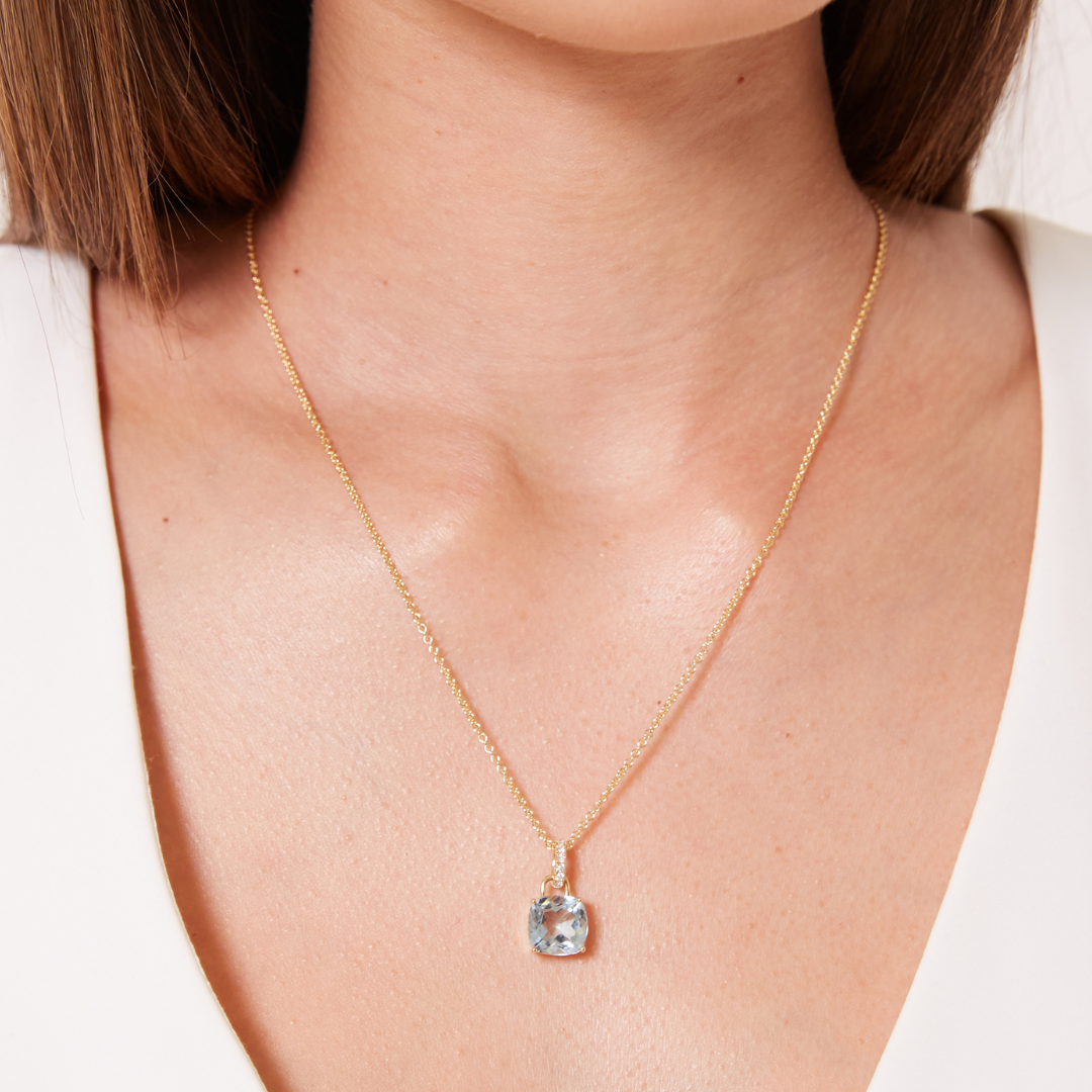 Kiki Cushion Blue Topaz and Diamond Loop Pendant Necklace
