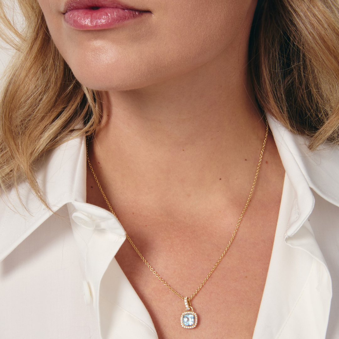 Kiki Cushion Mini Blue Topaz and Diamond Pendant Necklace