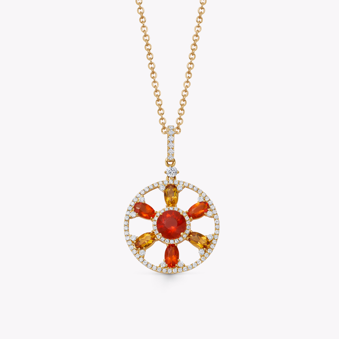 Fireworks Citrine, Fire Opal and Diamond Round Sparkler Pendant
