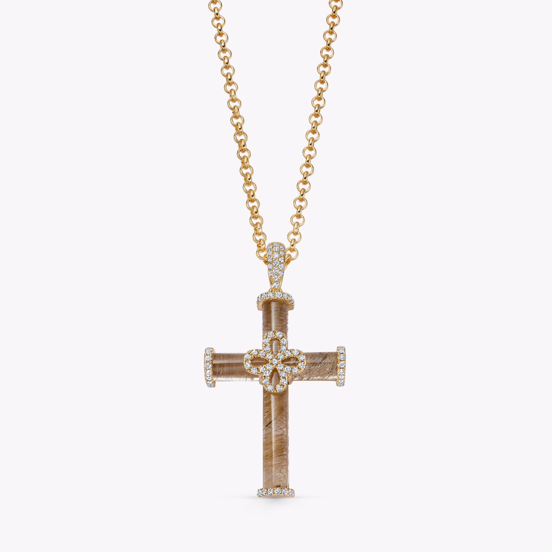 Golden Rutilated Quartz and Diamond Cross Pendant