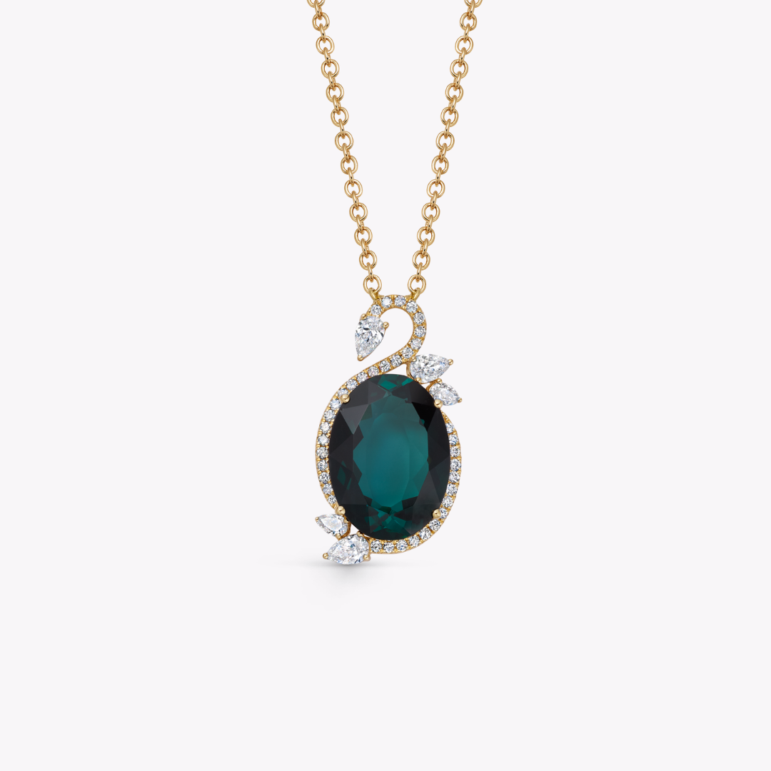 Wings Over Water Oval Green Tourmaline and Diamond Swan Pendant