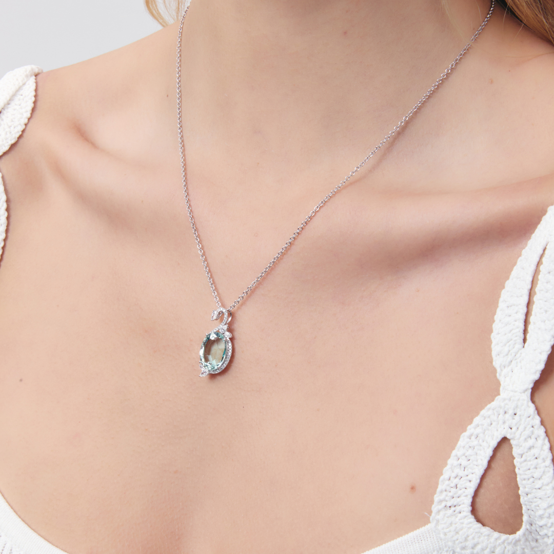Wings Over Water Oval Green Beryl and Diamond Swan Pendant