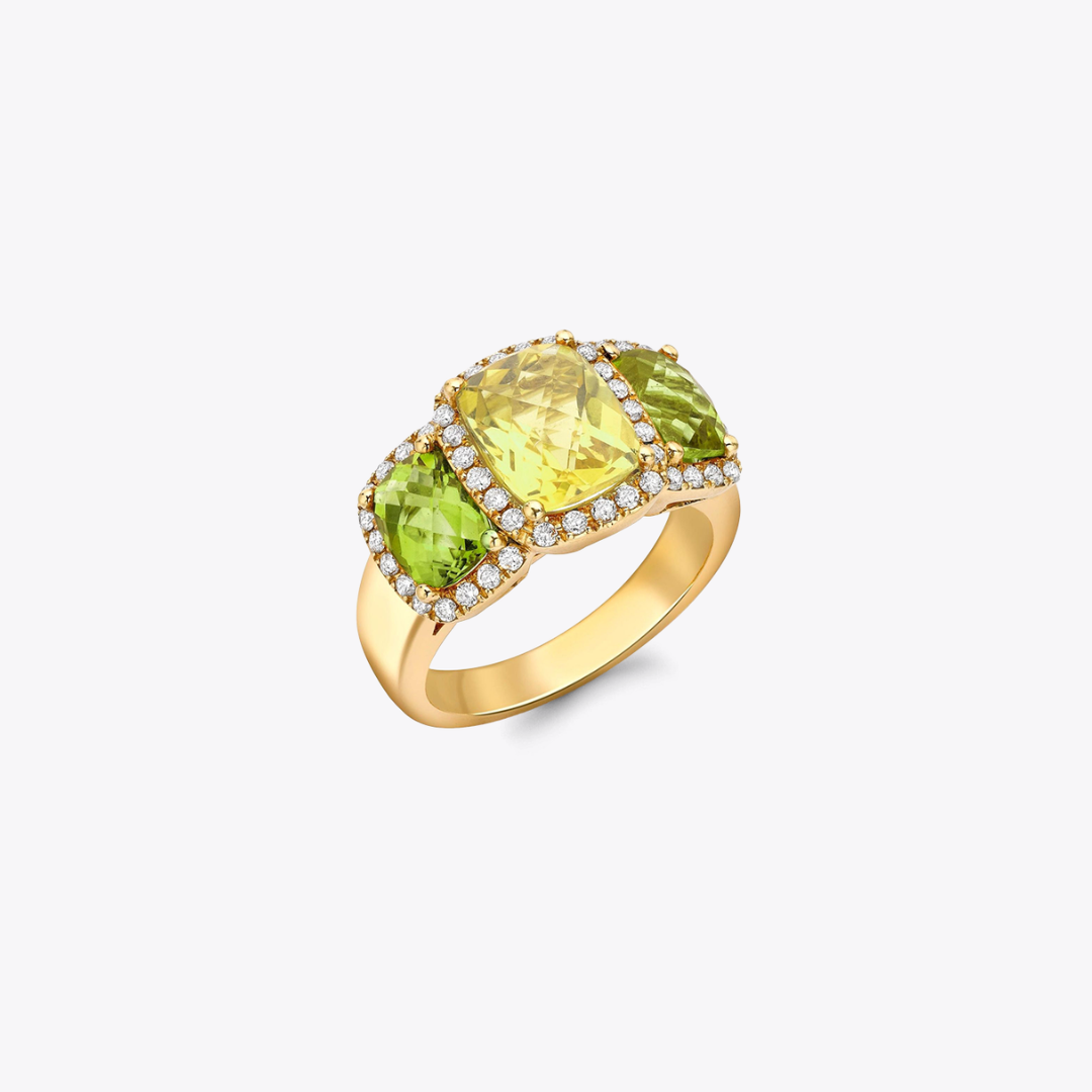 Kiki Classics Triple Stone Lemon Quartz, Peridot and Diamond Ring