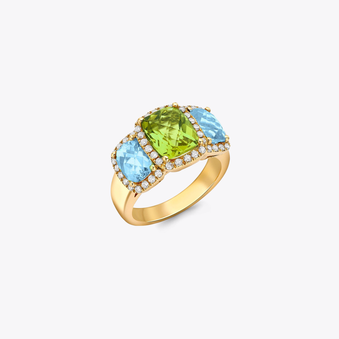 Kiki Classics Triple Stone Peridot, Blue Topaz and Diamond Ring