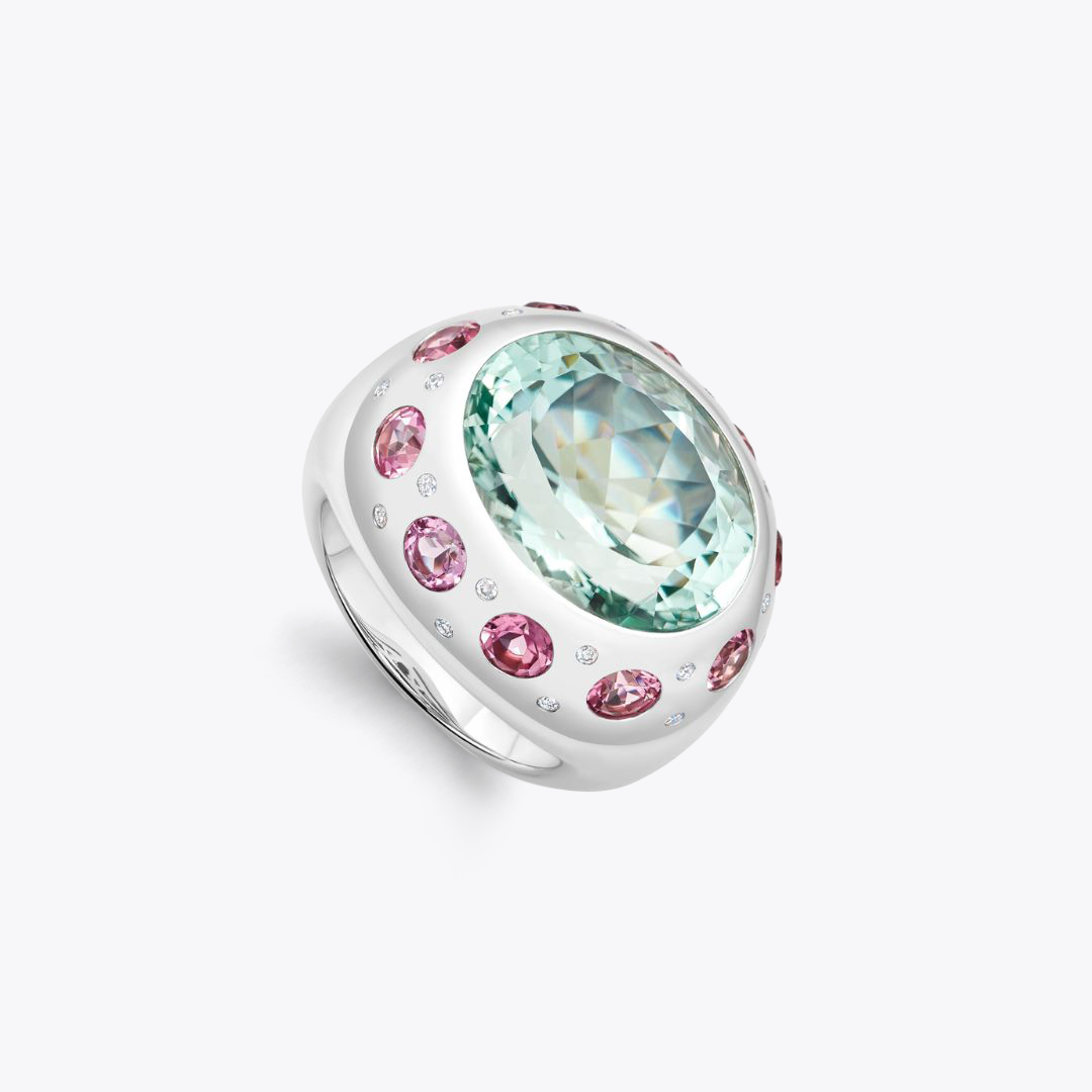 Jazz Oval Green Tourmaline, Pink Tourmaline and Diamond Detail Ring