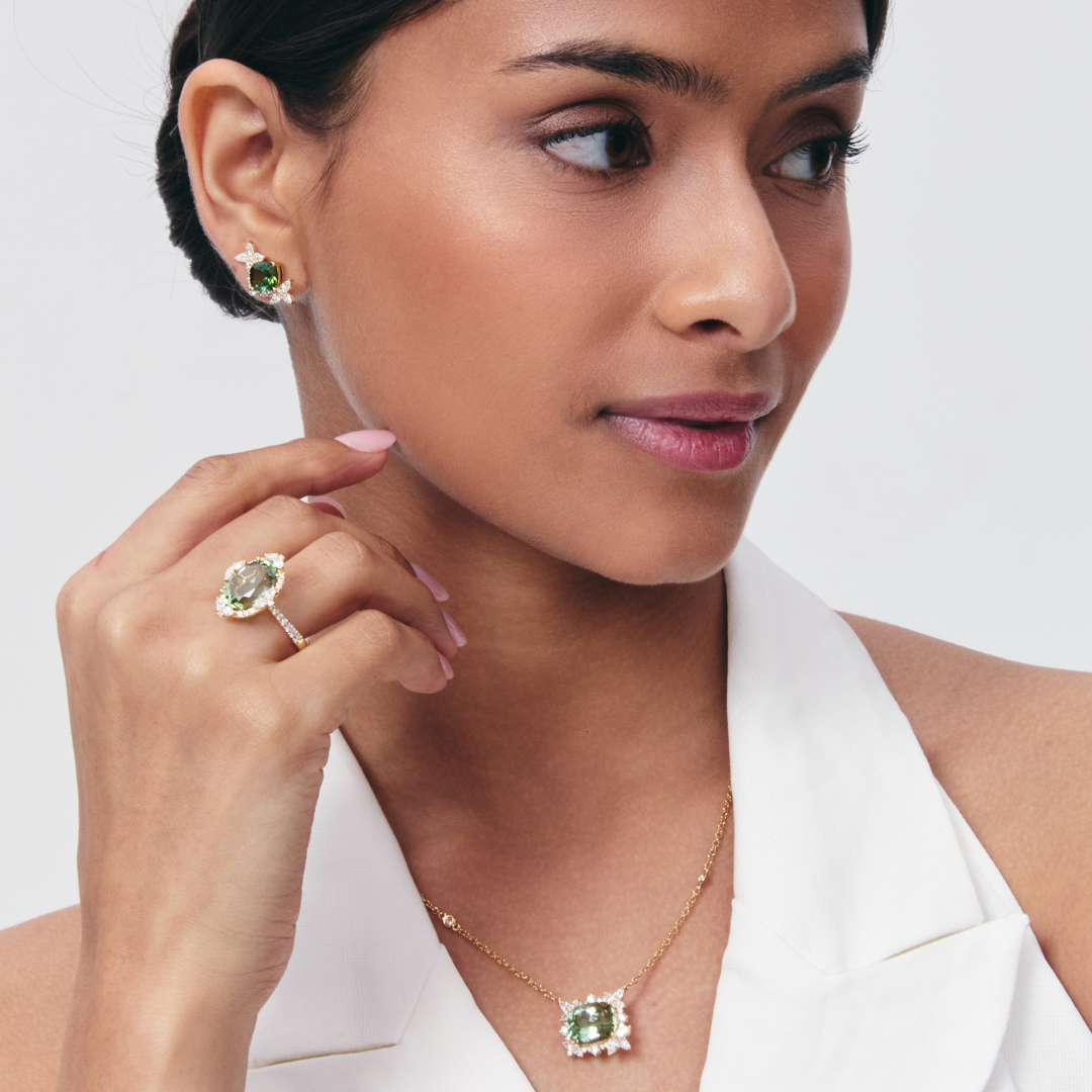 Thorns & Roses Oval Light Green Tourmaline and Diamond Ring