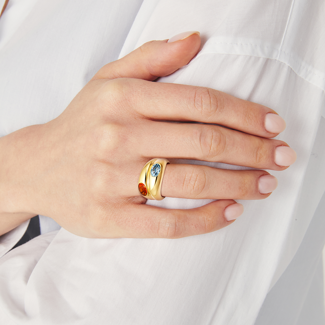 Everyday Gold Blue Topaz and Fire Opal Double Band Ring