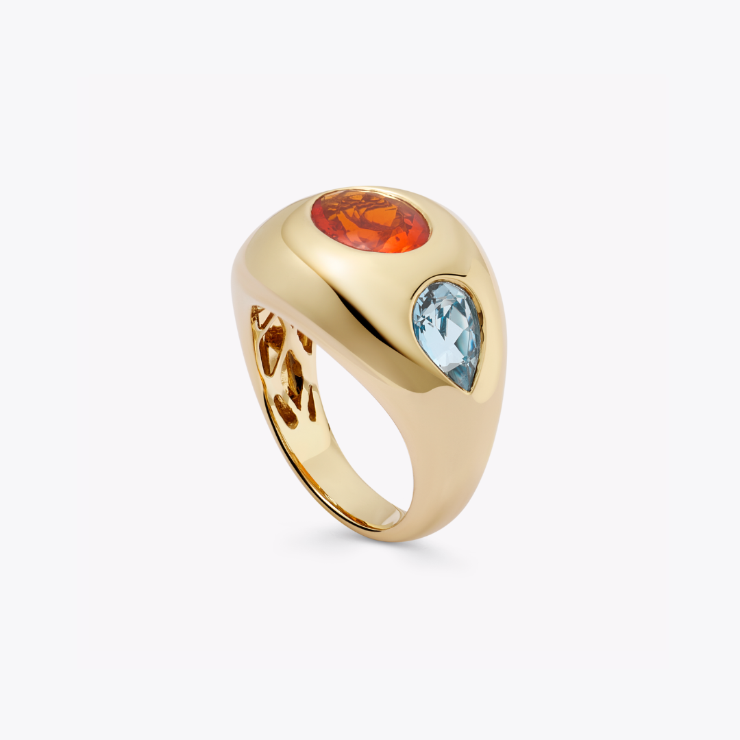 Everyday Gold Oval Fire Opal and Pear Blue Topaz Ring
