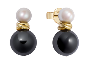 Pair of earrings with black and white pearls on a white background