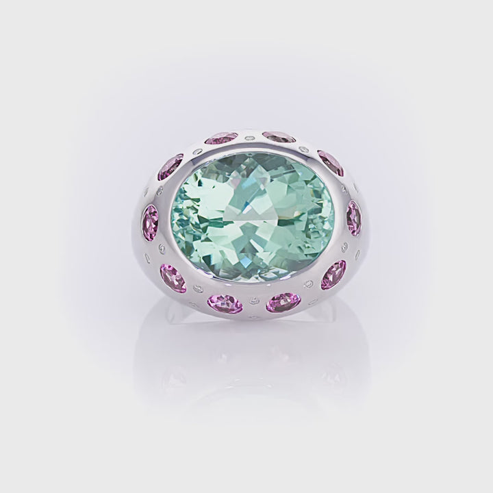 Jazz Oval Green Tourmaline, Pink Tourmaline and Diamond Detail Ring