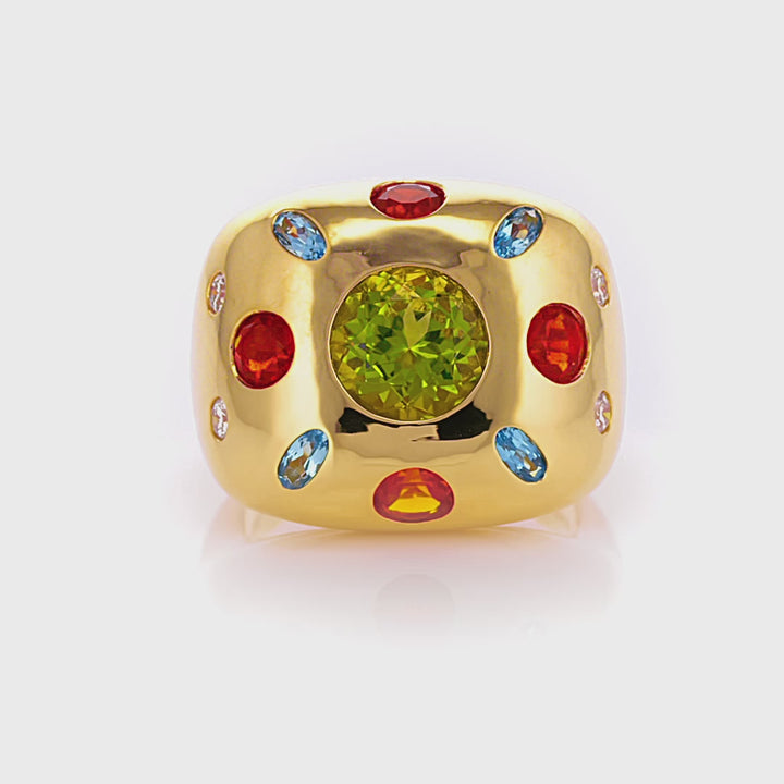 Jazz Peridot, Fire Opal, Blue Topaz and Diamond Detail Ring