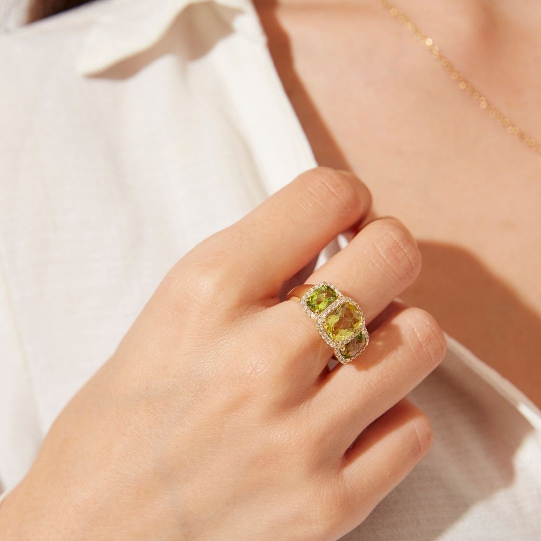 Kiki Classics Triple Stone Lemon Quartz, Peridot and Diamond Ring