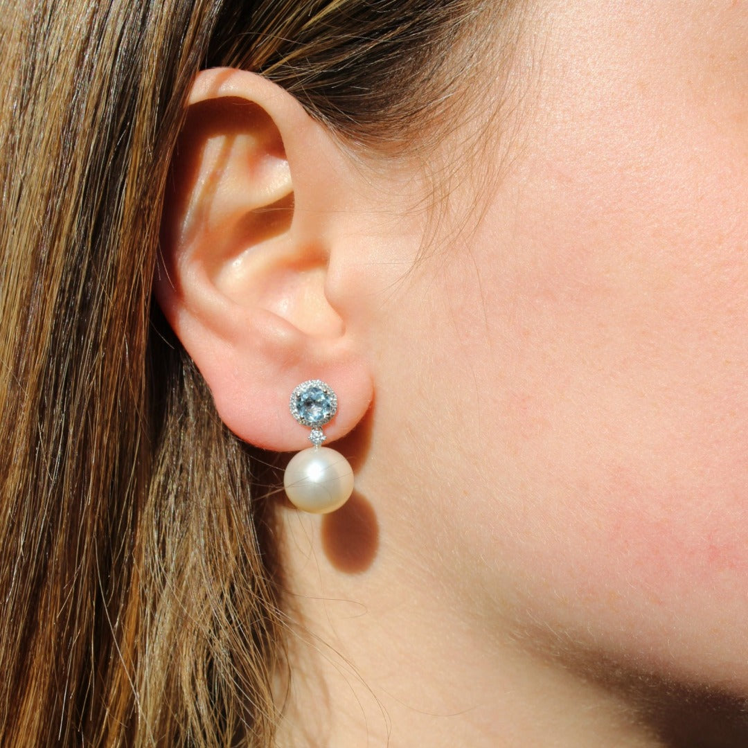 Pearl, Blue Topaz and Diamond Earrings