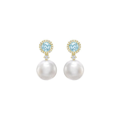 Pearl Drops with Blue Topaz and Diamonds in Yellow Gold