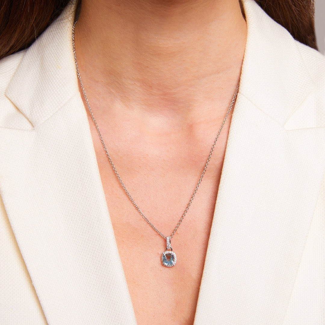 Kiki Cushion Mini Blue Topaz and Diamond Pendant Necklace
