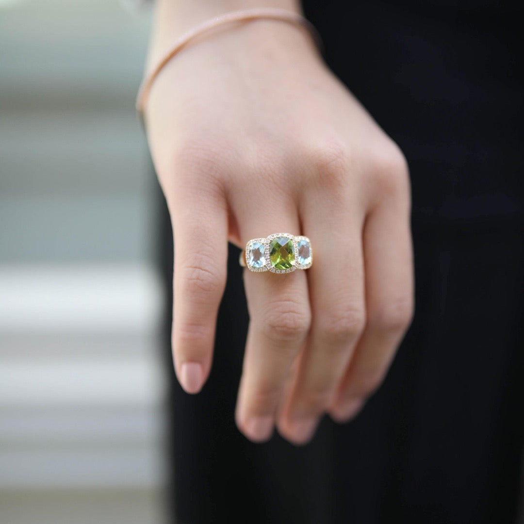 Kiki Classics Triple Stone Peridot, Blue Topaz and Diamond Ring