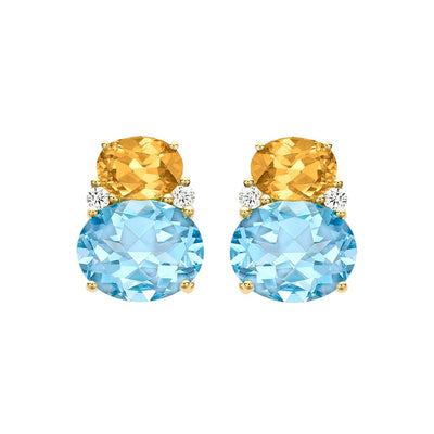 Kiki Classic Large Citrine, Blue Topaz and Diamond Double Oval Studs in Yellow Gold